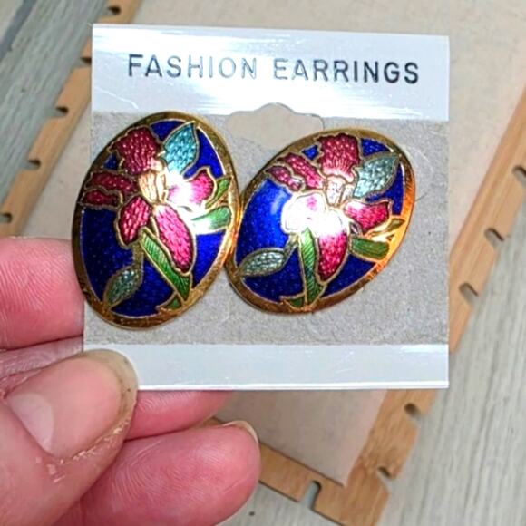 Vtg 1980s Cloisonne Floral Enamel Oval Pierced Earrings Cobalt Blue Gold Boho - Picture 3 of 4